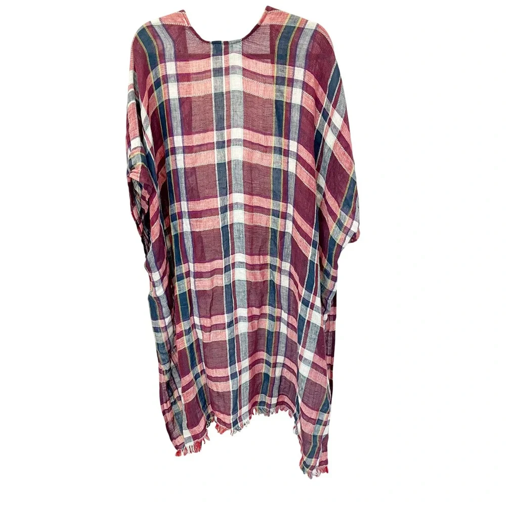 Free People‎ Reverie Plaid Kimono Red Linen Cotton Fringe Wrap Boho Western OS